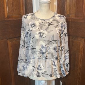 NY Collection sheer gray floral long sleeve blouse. Size LP